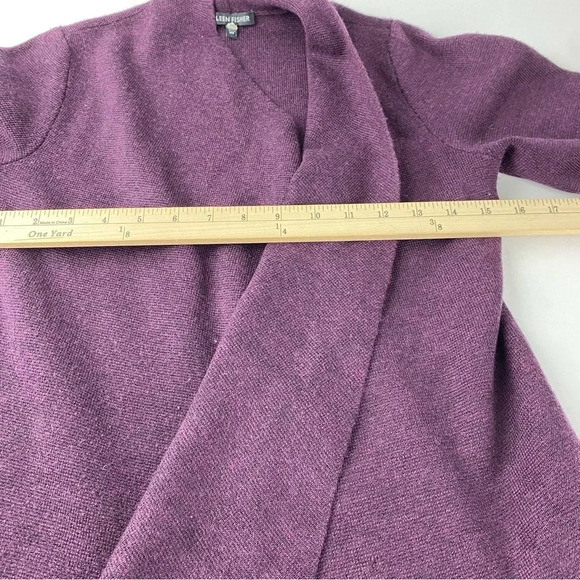 Eileen Fisher XS Open Front Cardigan Purple 100% Merino Wool Leather Trim Pocket - Picture 4 of 7
